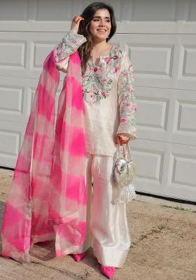 White Embroidery Blended Kurta Set