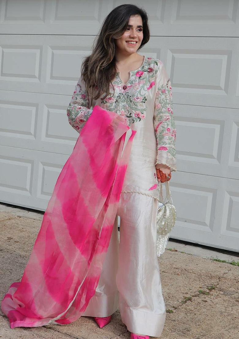 White Embroidery Blended Kurta Set - Indya