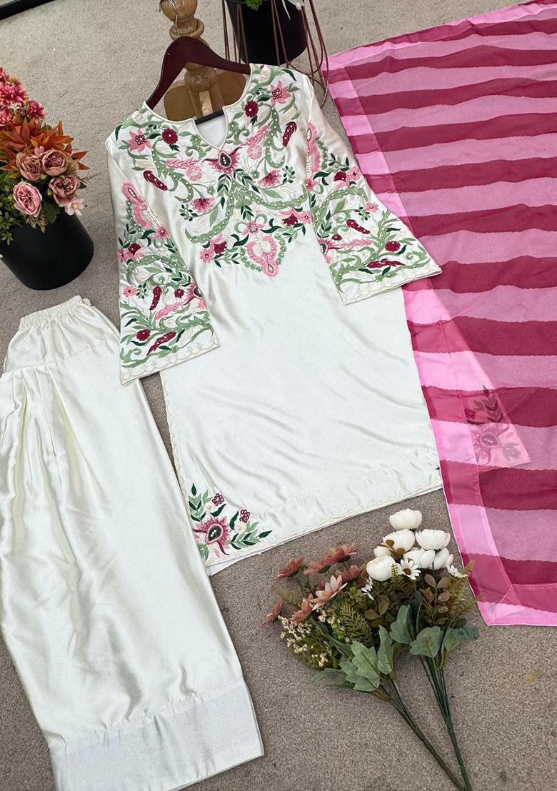 White Embroidery Blended Kurta Set - Indya