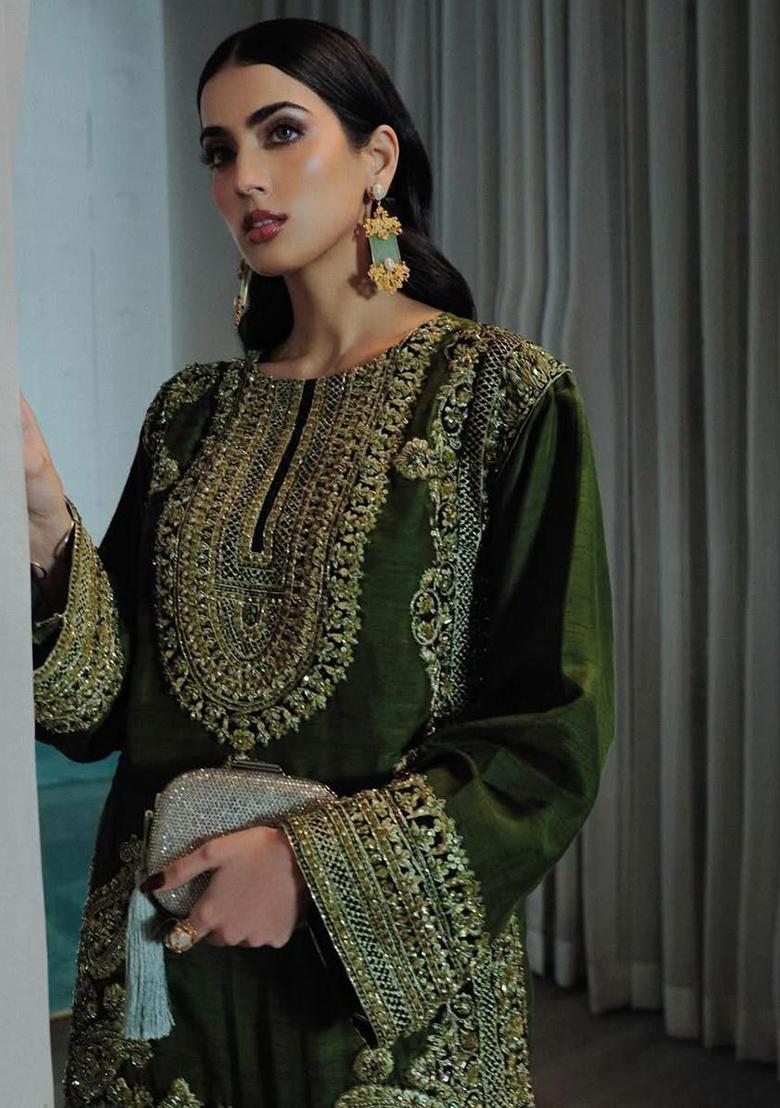 Green Embroidery Blended Kurta Set - Indya
