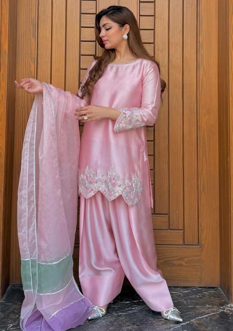 Pink Embroidery Blended Kurta Set - Indya