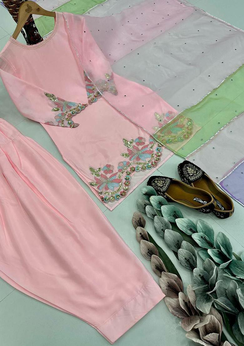 Pink Embroidery Blended Kurta Set - Indya