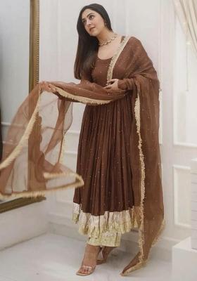 Brown Embroidery Blended Kurta Set
