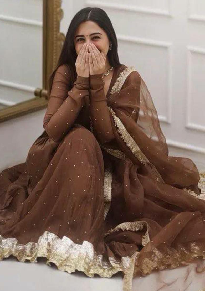 Brown Embroidery Blended Kurta Set - Indya