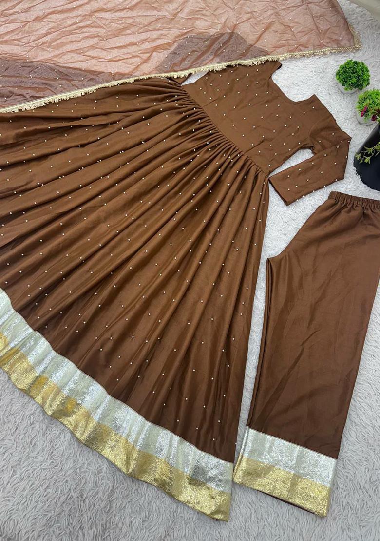 Brown Embroidery Blended Kurta Set - Indya