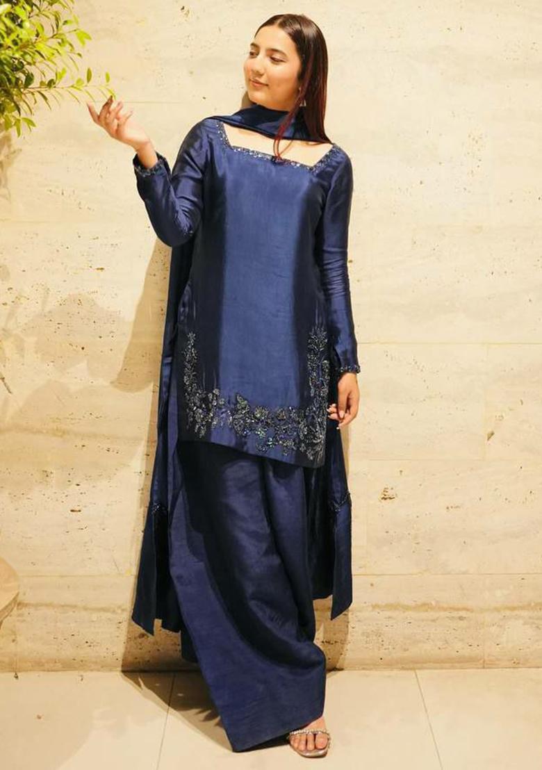 Blue Solid Blended Kurta Set - Indya