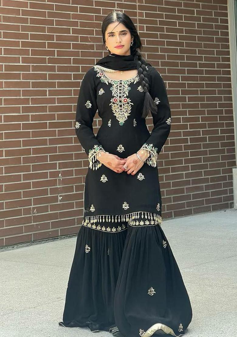 Black Embroidery Blended Kurta Set - Indya