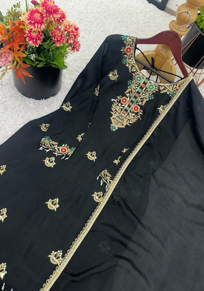 Black Embroidery Blended Kurta Set - Indya
