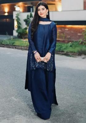 Blue Embroidery Blended Kurta Set