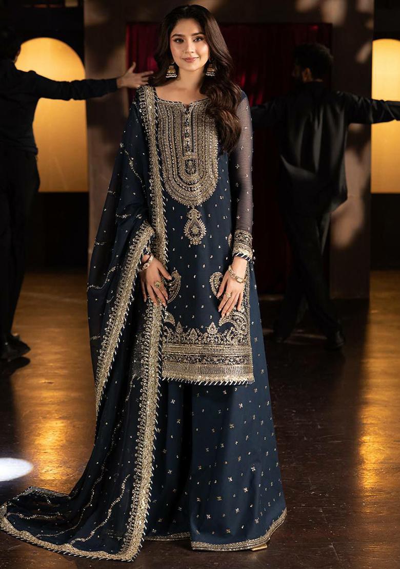 Blue Embroidery Blended Kurta Set - Indya