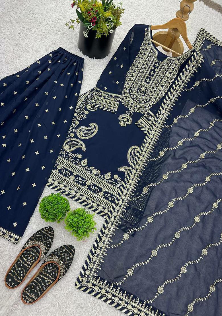 Blue Embroidery Blended Kurta Set - Indya