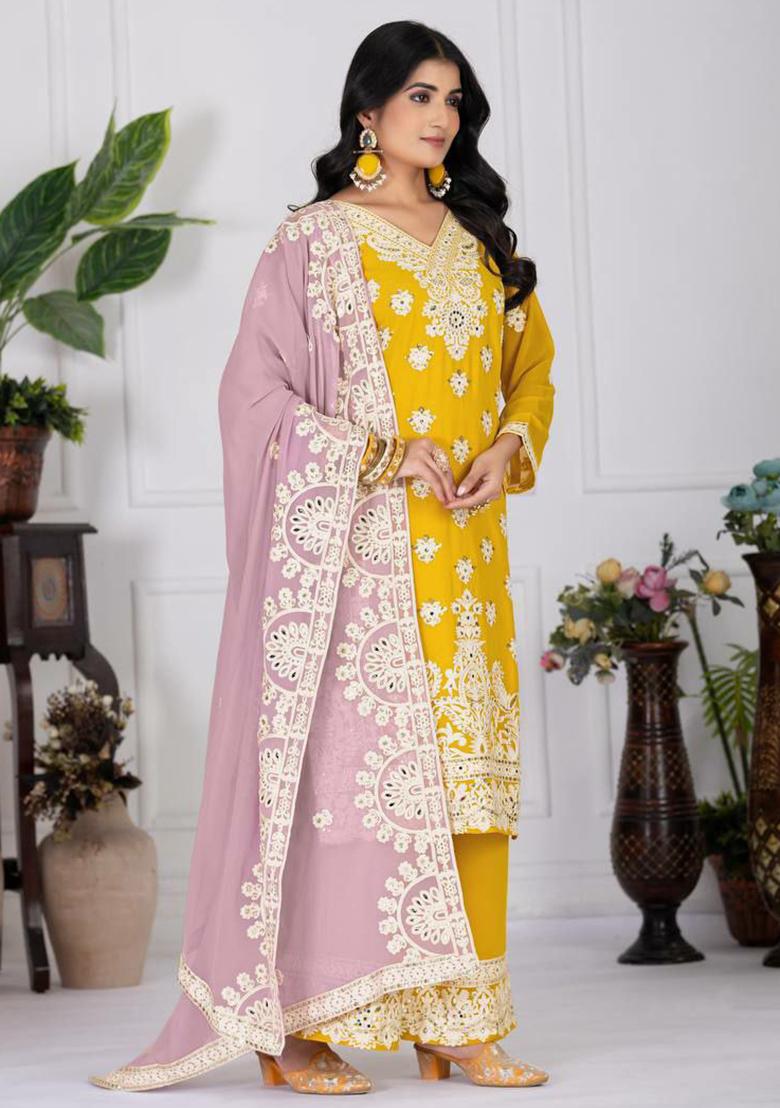 Yellow Embroidery Blended Kurta Set - Indya