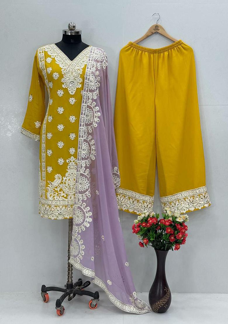 Yellow Embroidery Blended Kurta Set - Indya