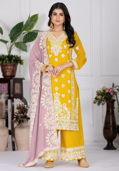 Yellow Chikankari Blended Straight Kurta Set