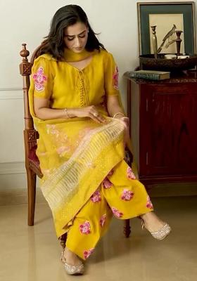 Yellow Embroidery Blended Kurta Set