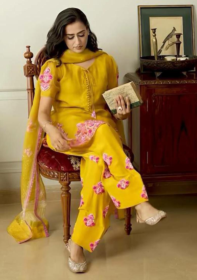 Yellow Embroidery Blended Kurta Set - Indya
