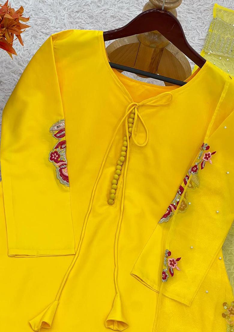 Yellow Embroidery Blended Kurta Set - Indya