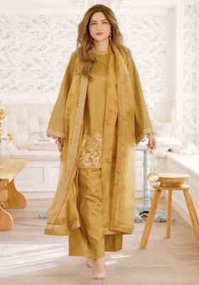 Brown Embroidery Blended Kurta Set