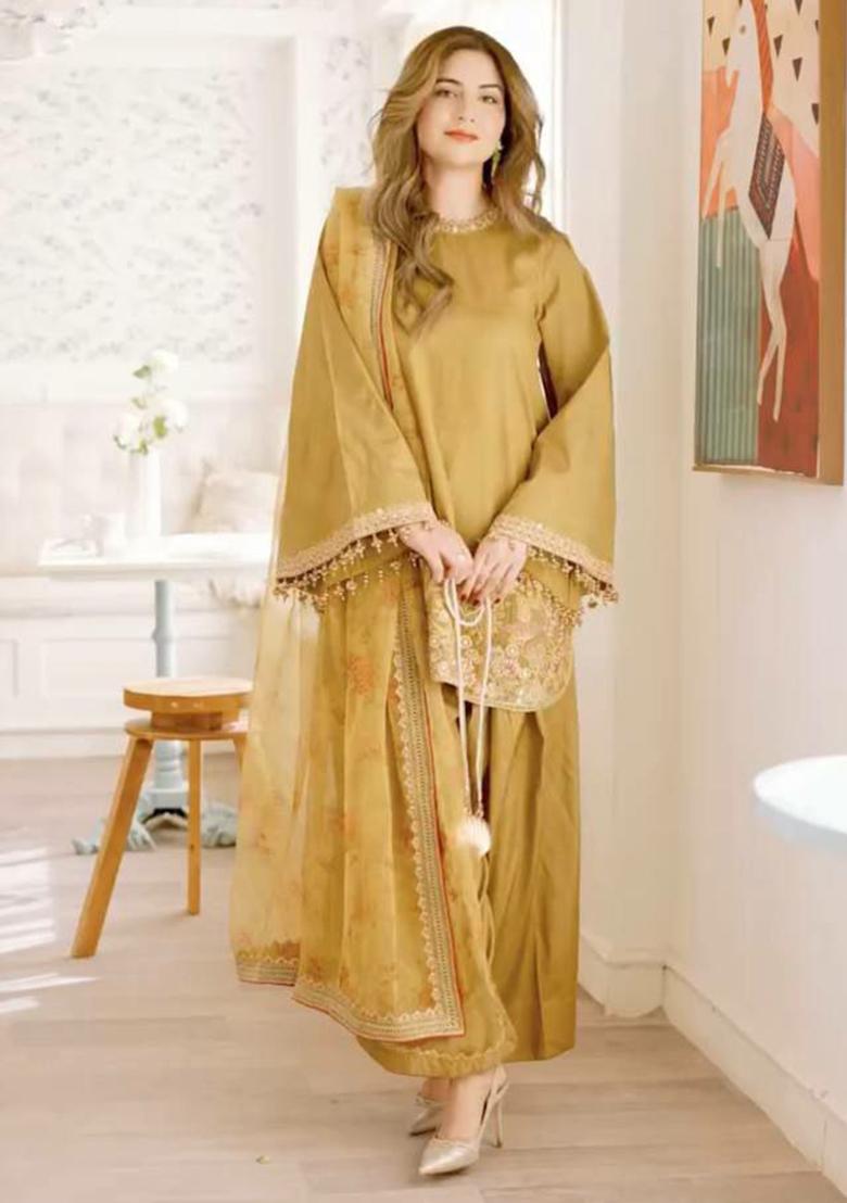 Brown Embroidery Blended Kurta Set - Indya