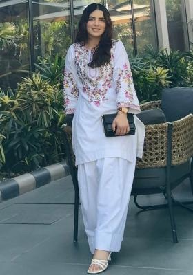 White Embroidery Blended Kurta Set
