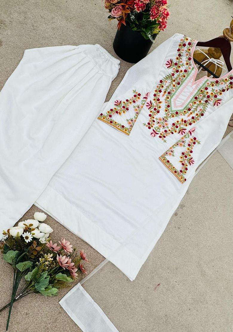 White Embroidery Blended Kurta Set - Indya