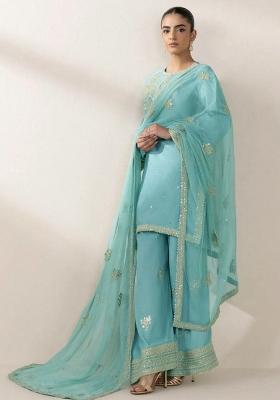Blue Embroidery Blended Kurta Set