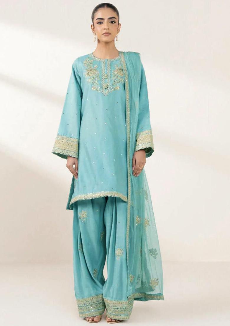 Blue Embroidery Blended Kurta Set - Indya