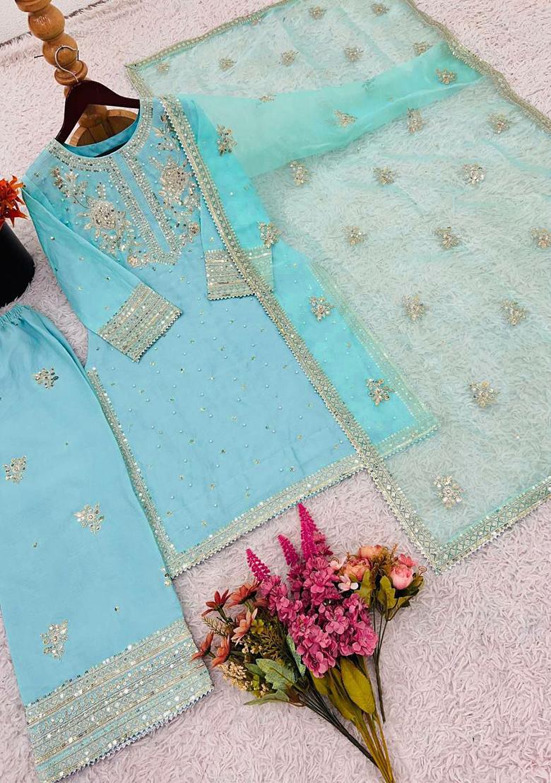 Blue Embroidery Blended Kurta Set - Indya