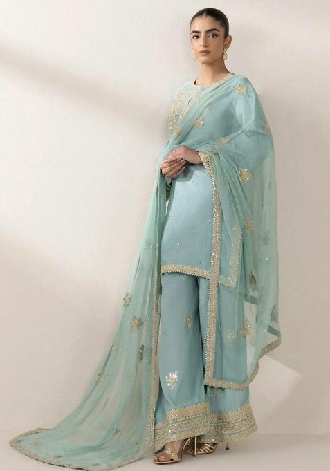 Blue Embroidery Blended Kurta Set