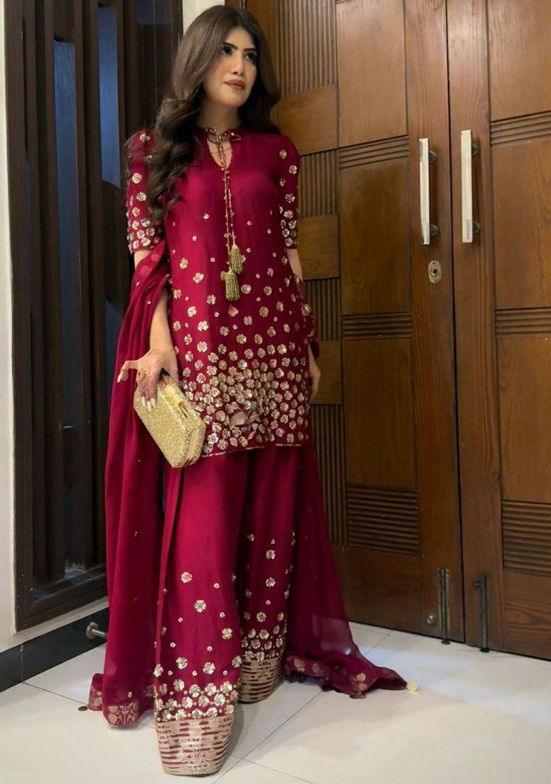 Red Embroidery Blended Kurta Set - Indya