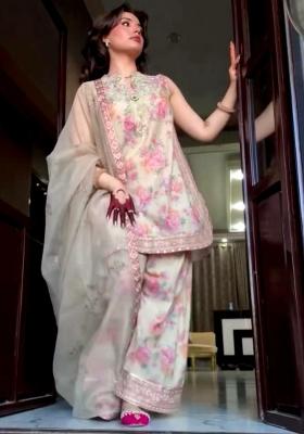 Off White Printed Blended Kurta Set