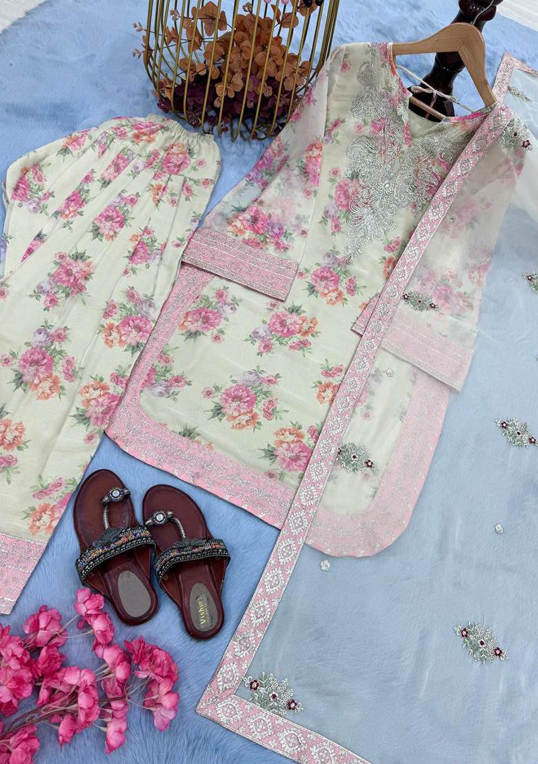 Off White Printed Blended Kurta Set - Indya