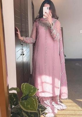 Pink Embroidery Blended Kurta Set