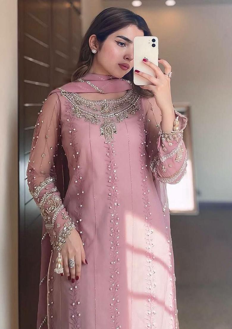 Pink Embroidery Blended Kurta Set - Indya