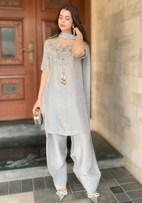 Grey Embroidery Blended Kurta Set