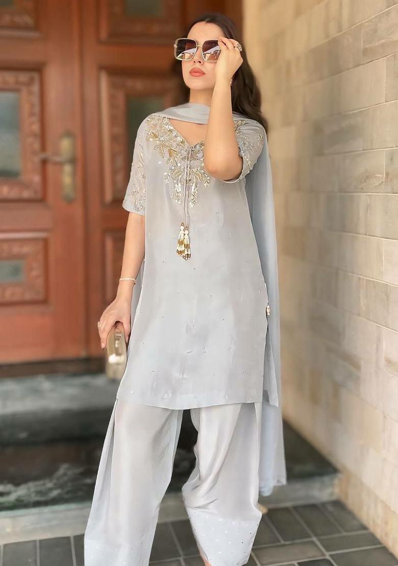 Grey Embroidery Blended Kurta Set - Indya