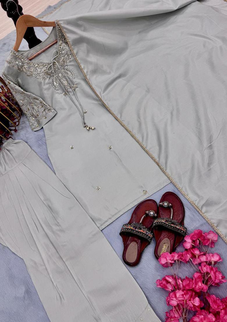 Grey Embroidery Blended Kurta Set - Indya