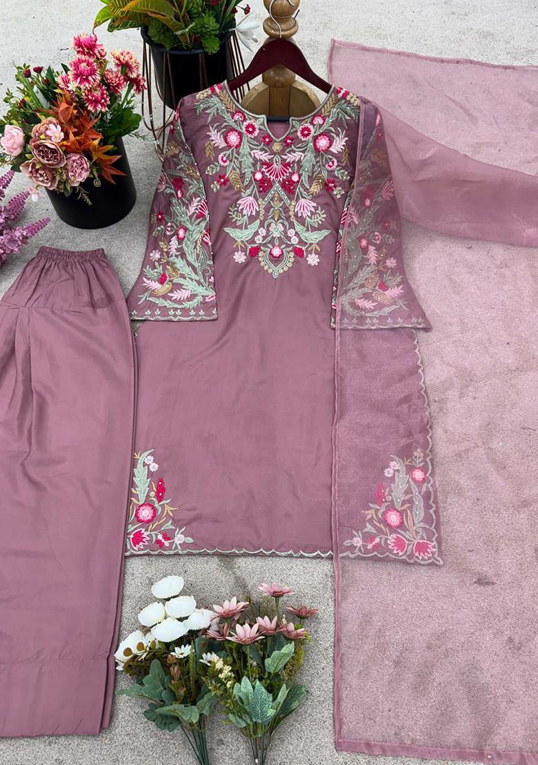 Pink Embroidery Blended Kurta Set - Indya