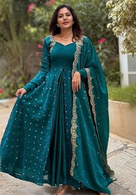 Blue Embroidery Blended Kurta Set