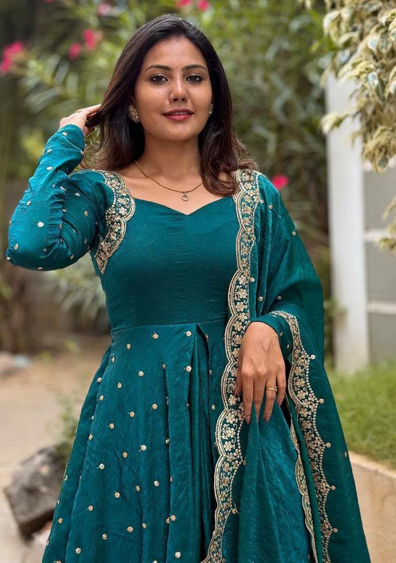 Blue Embroidery Blended Kurta Set - Indya