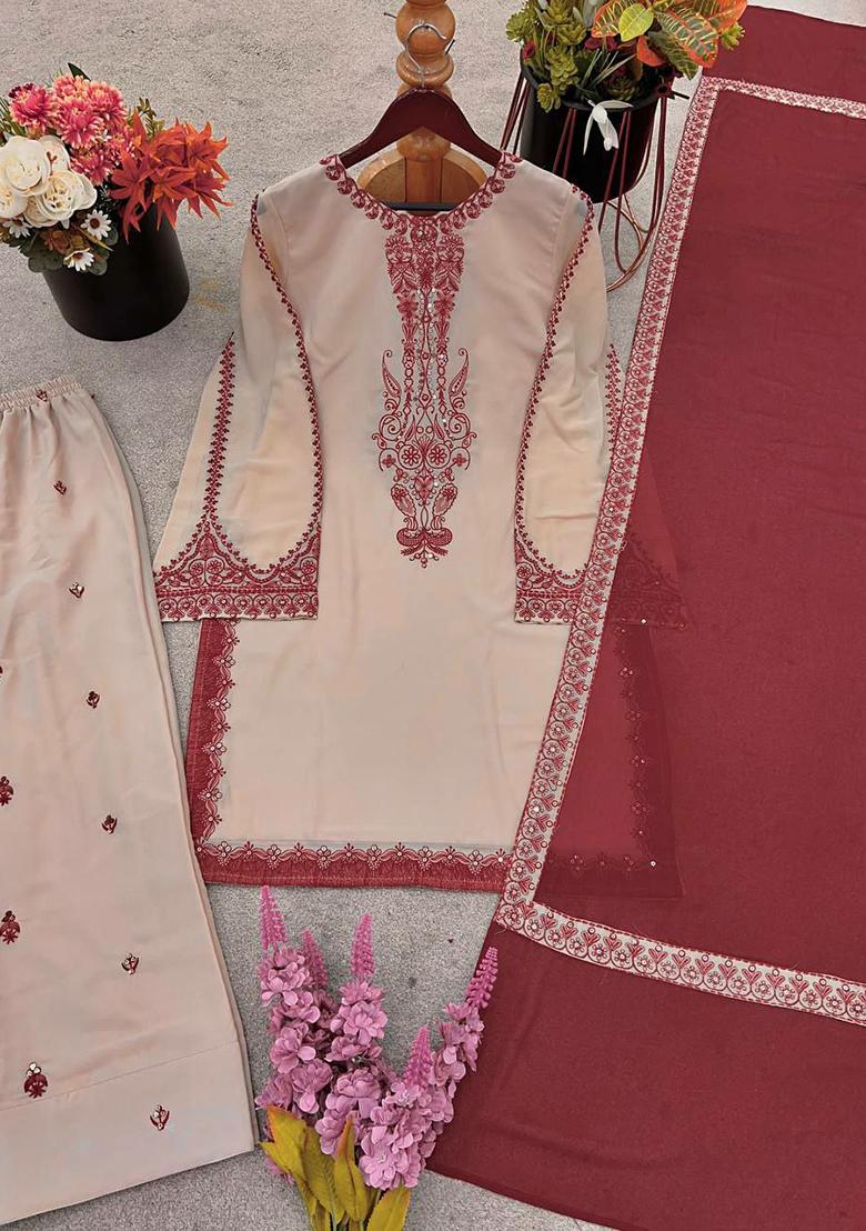 Pink Embroidery Blended Kurta Set - Indya