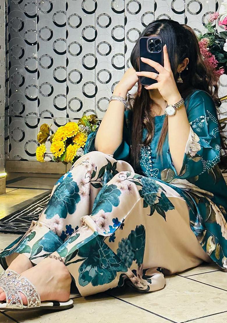 Blue Printed Blended Kurta Set - Indya