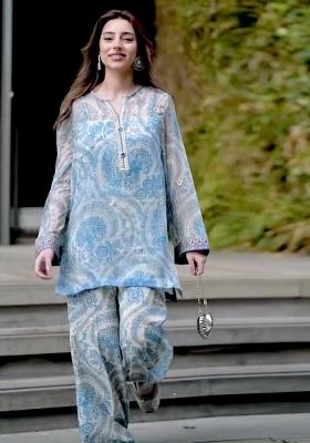Blue Printed Blended Kurta Set
