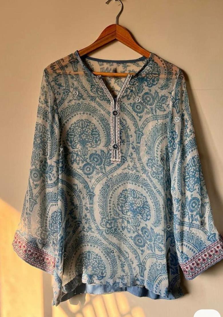 Blue Printed Blended Kurta Set - Indya