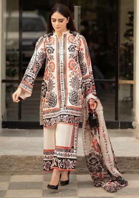 Cream Printed Blended Kurta Set