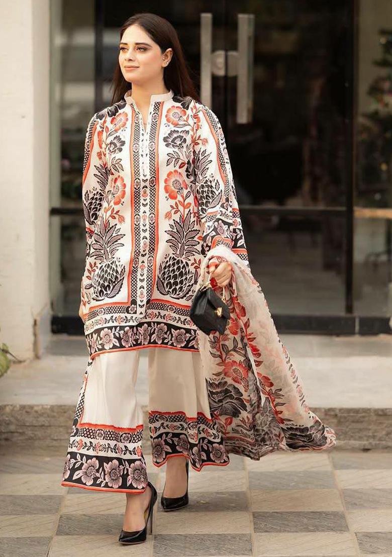 Cream Printed Blended Kurta Set - Indya
