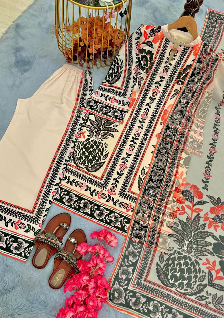 Cream Printed Blended Kurta Set - Indya