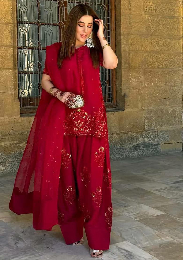 Red Embroidery Blended Kurta Set - Indya