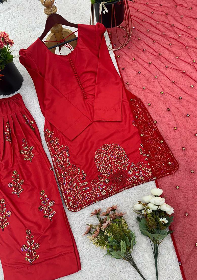 Red Embroidery Blended Kurta Set - Indya