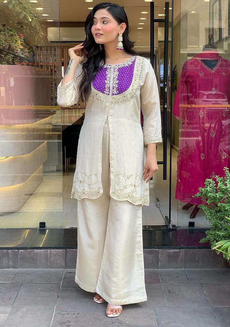 Beige Embroidery Blended Kurta Set - Indya